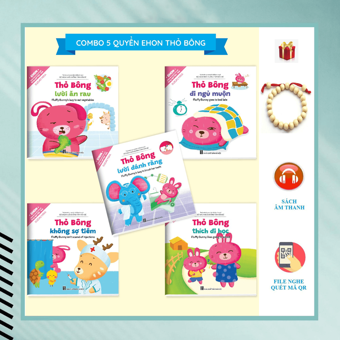 Full Combo bộ 5 cuốn Ehon Kỹ Năng Sống Thỏ Bông Âm Thanh Nhận Biết Tặng Vòng Dâu Tằm May Mắn Cho Bé