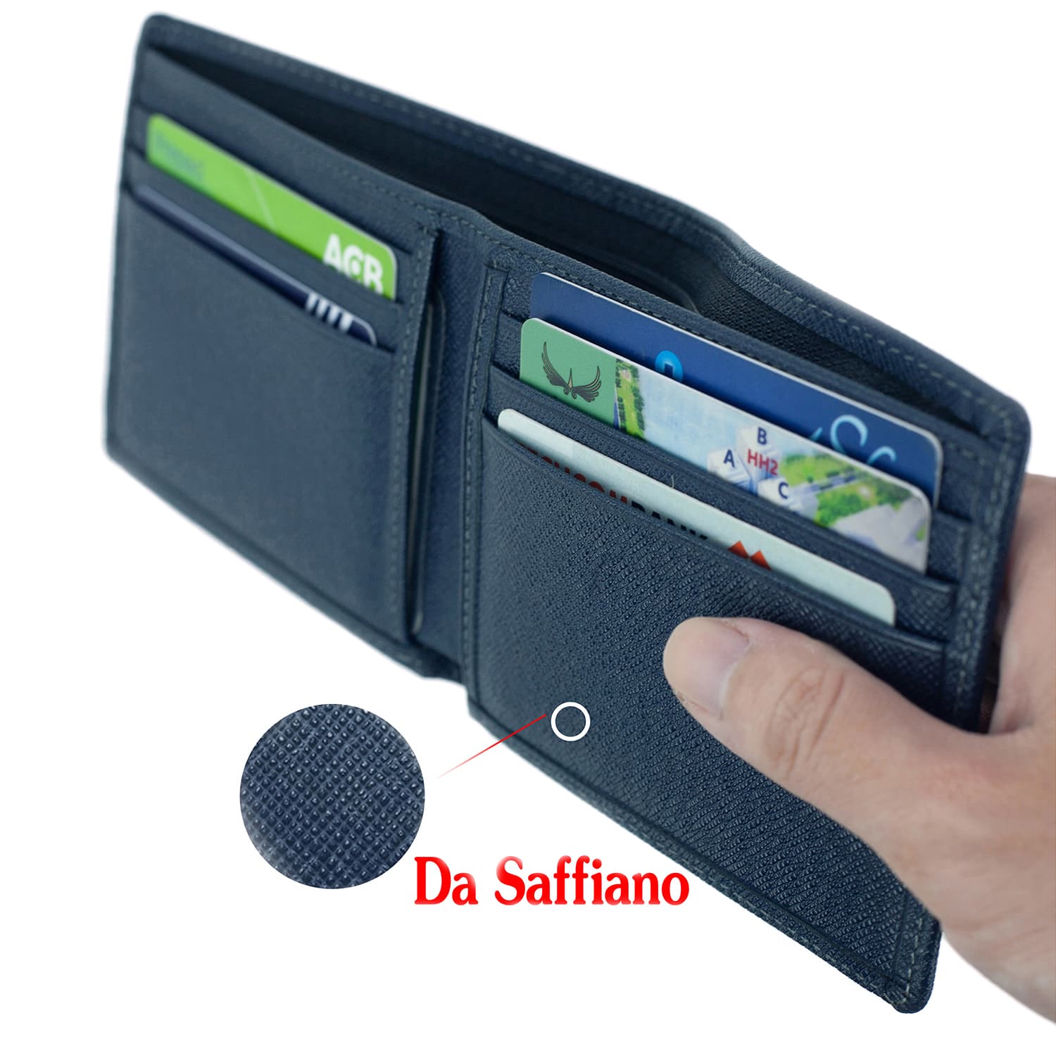 Ví nam bóp nam da bò Saffiano Bụi Leather V126 Ngang xanh navy