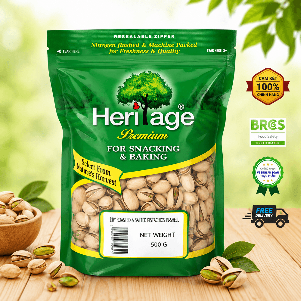 Hạt Dẻ Cười Rang Muối Còn Vỏ Heritage Thái Lan gói 500g gói 500gr