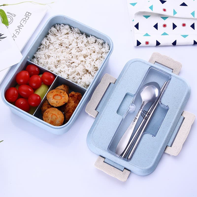 Hộp Cơm Văn Phòng Giữ Nhiệt Tiện Ích Hiện Đại 3 Ngăn Kèm Bộ Đũa Thìa INOX Chất Liệu Lúa Mạch An Toàn Cho Sức Khỏe MINIIN Xanh Dương