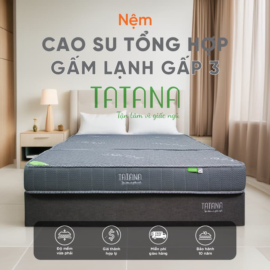 Nệm Cao Su Tổng Hợp Vải Gấm Lạnh Tatana Dạng Gấp 3 Nâng Đỡ Cơ Thể Xếp Gọn Tiện Lợi 180x200 17cm