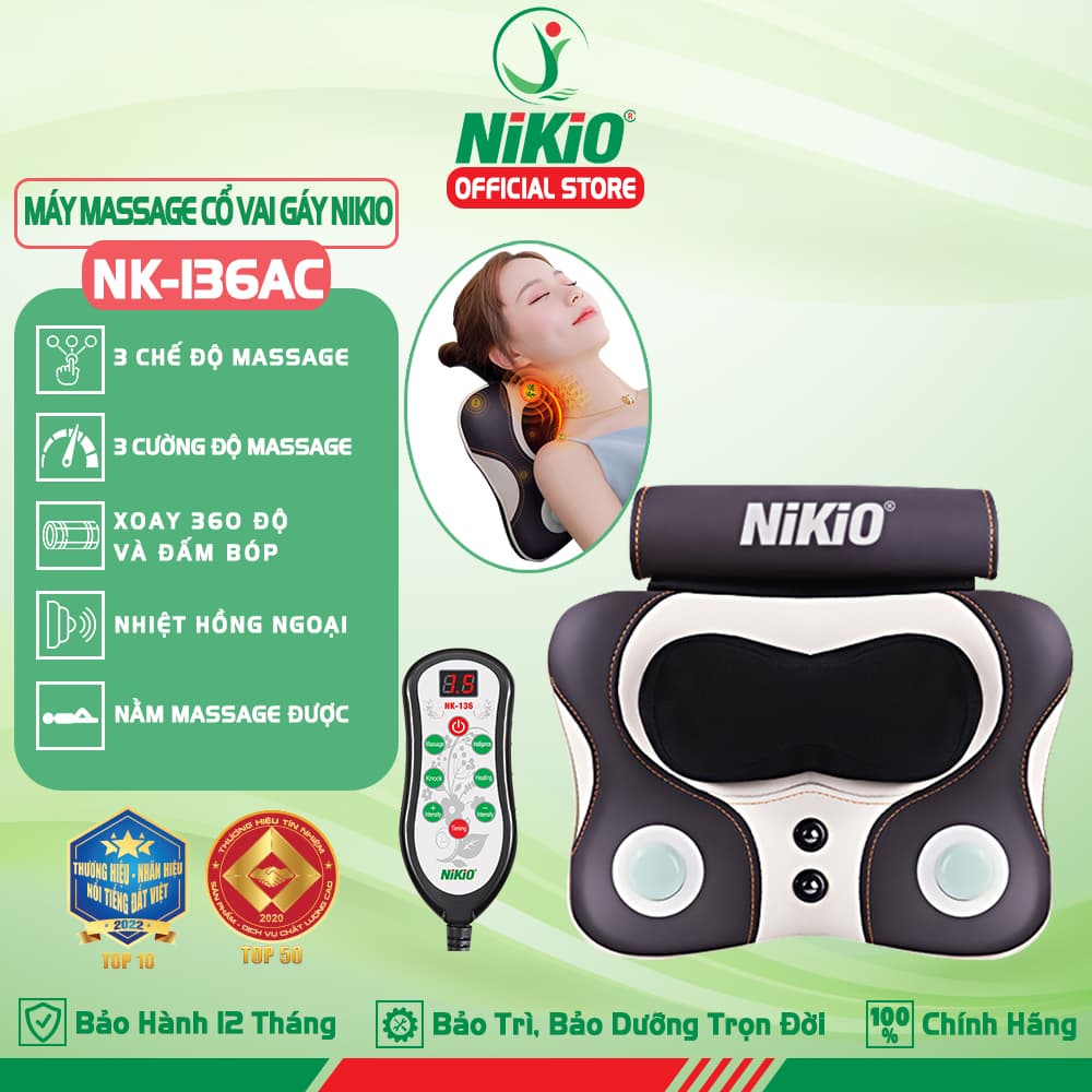 Máy Gối Massage Đấm Bóp Cổ Vai Gáy Nikio NK 136 Con Lăn 3D Xoa Bóp Chuyên Sâu Kết Hợp Hồng Ngoại Trị Liệu Đau Mỏi Cổ Hỗ Trợ Mát Xa Lưng NK 136AC