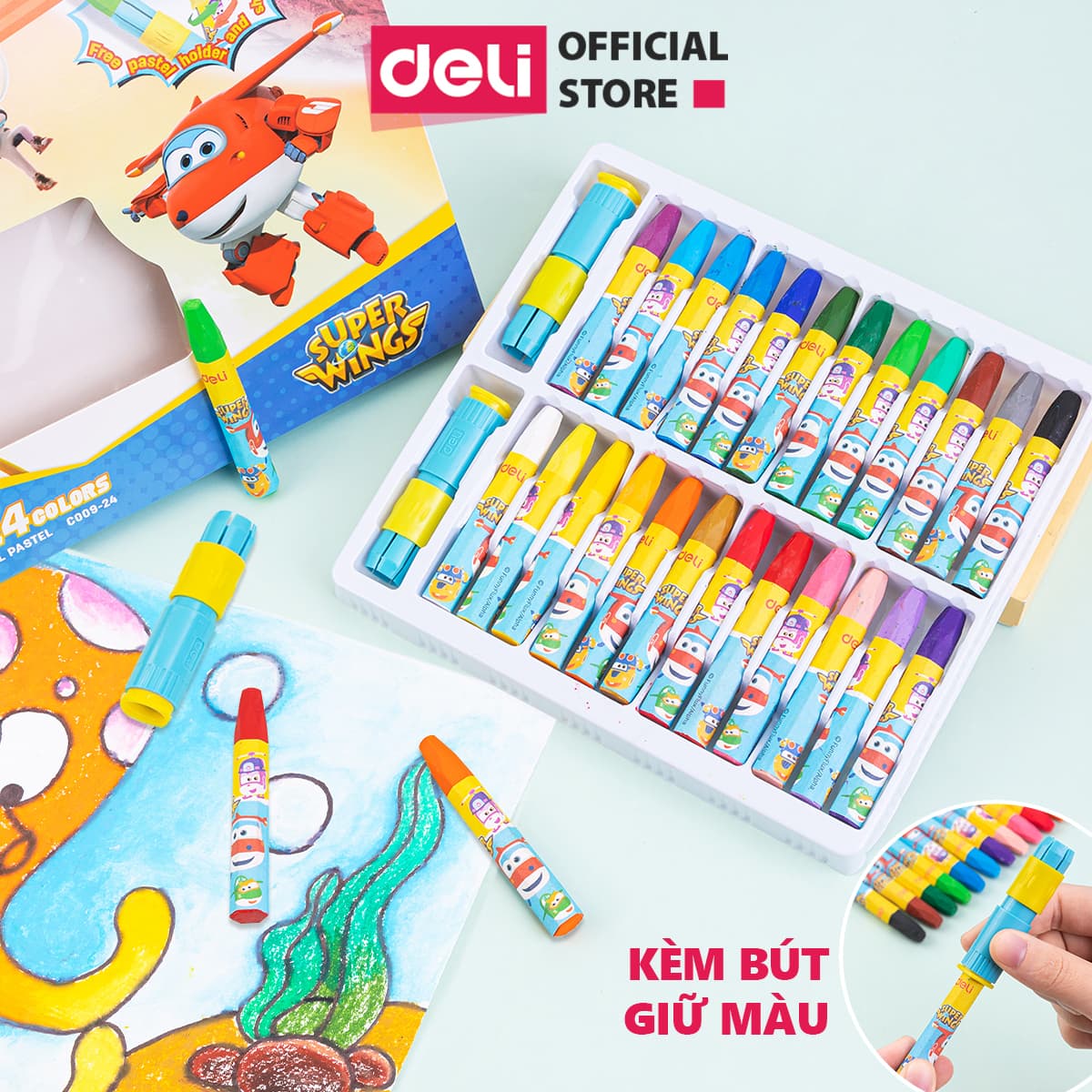 Bút sáp dầu Super Wings x Deli thân lục giác 121824 màu EC009 12 EC009 18 EC009 24 24 màu