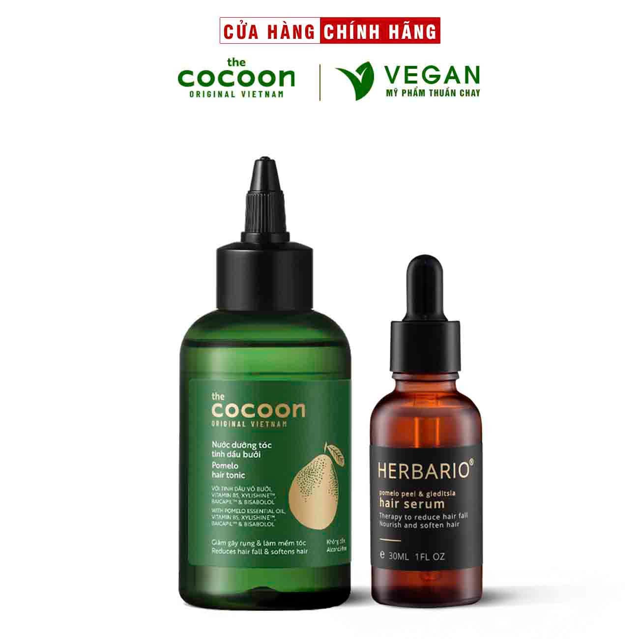 Bộ serum tóc bồ kết vỏ bưởi Herbario 30ml Nước dưỡng tóc tinh dầu bưởi Pomelo Cocoon 140ml