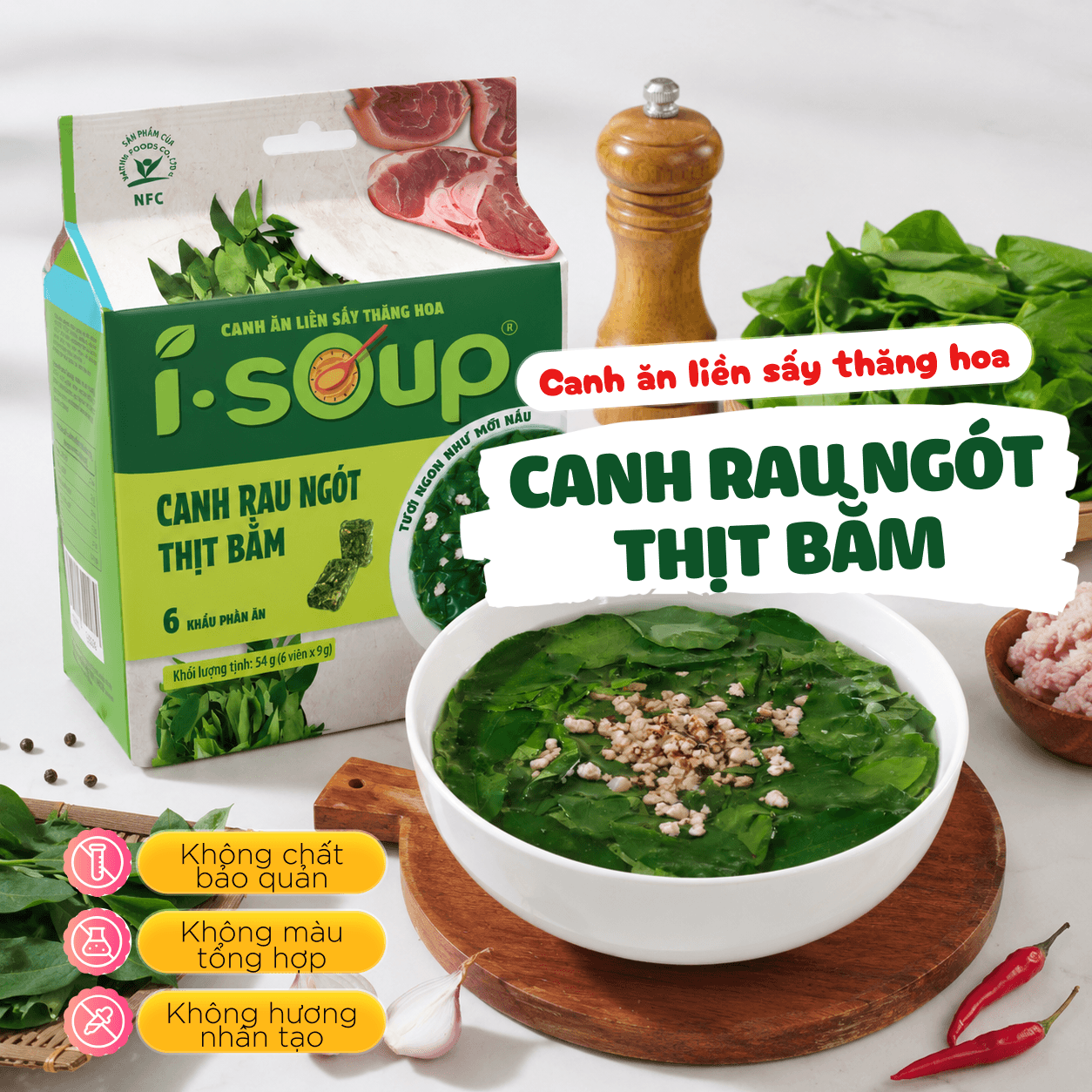 Isoup Viên Canh Rau Ngót Thịt Bằm Ăn Liền Sấy Thăng Hoa 54G