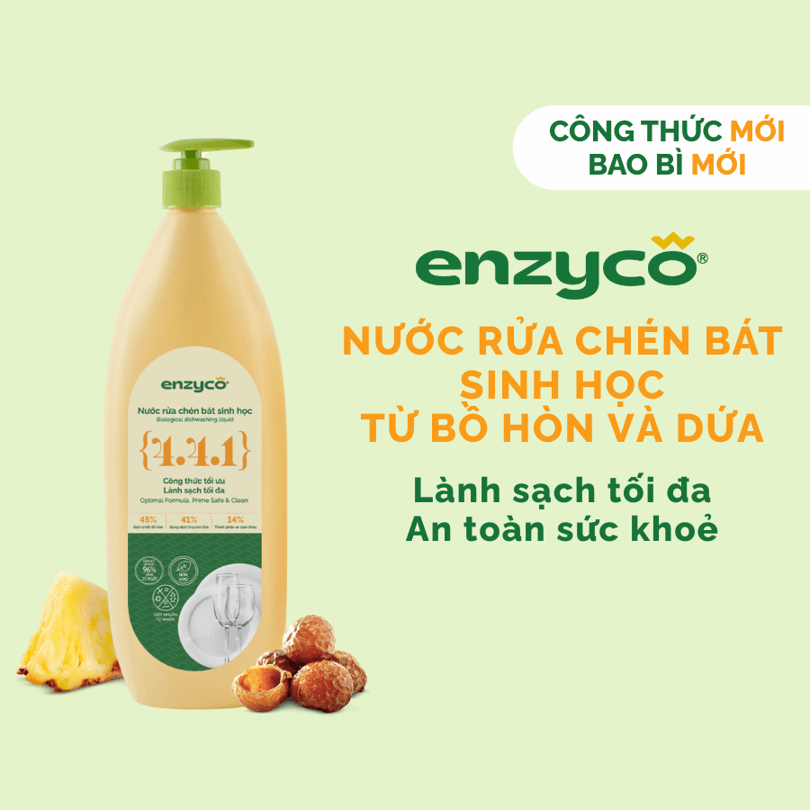 Nước rửa chén bát sinh học ENZYCO 850ml Chiết xuất Bồ hòn và Enzyme Dứa