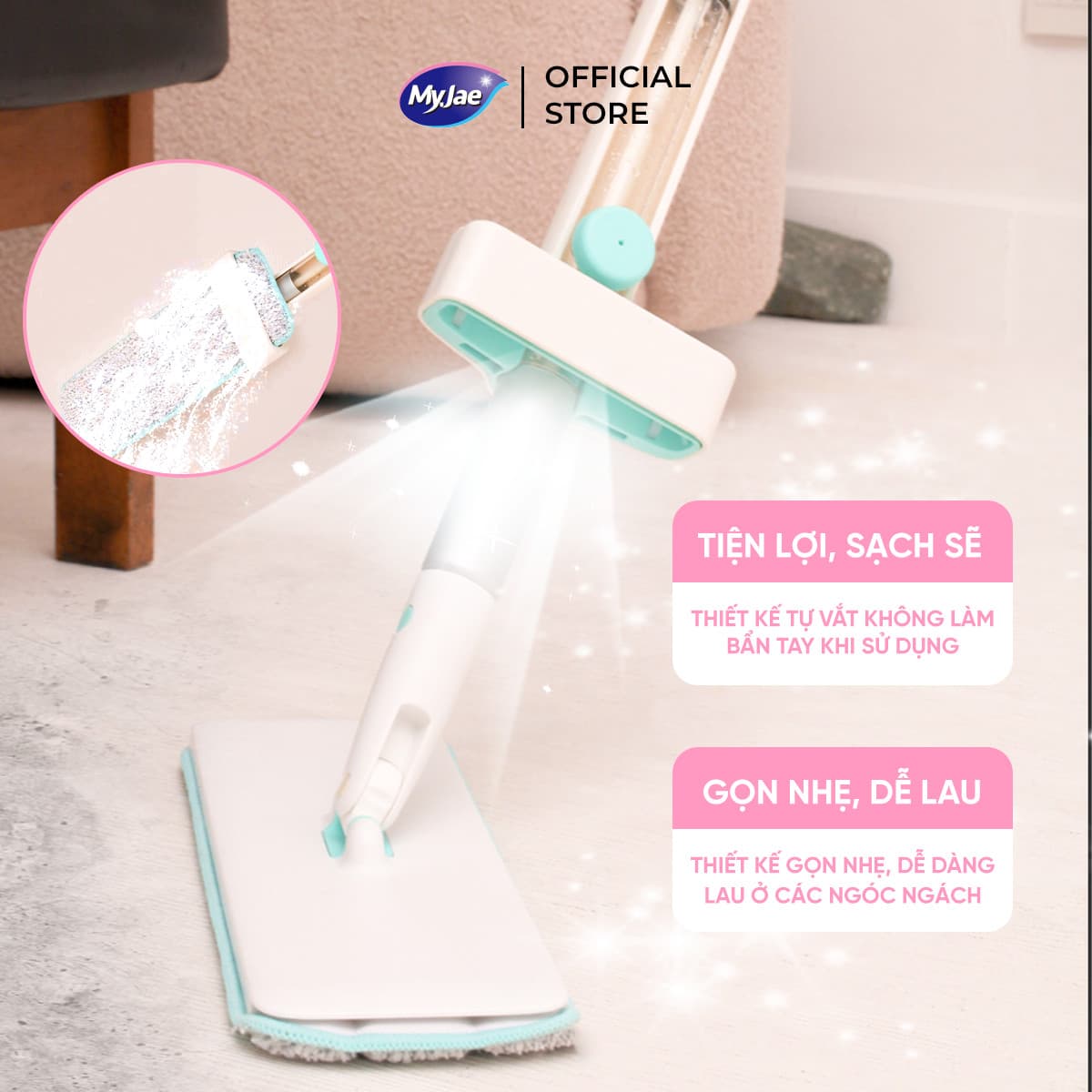 Tặng Bông Lau Cây Lau Nhà MyJae Sợi Microfiber Tự Vắt Phun Sương Xoay 360 Độ Thông Minh 138cm Phun Sương