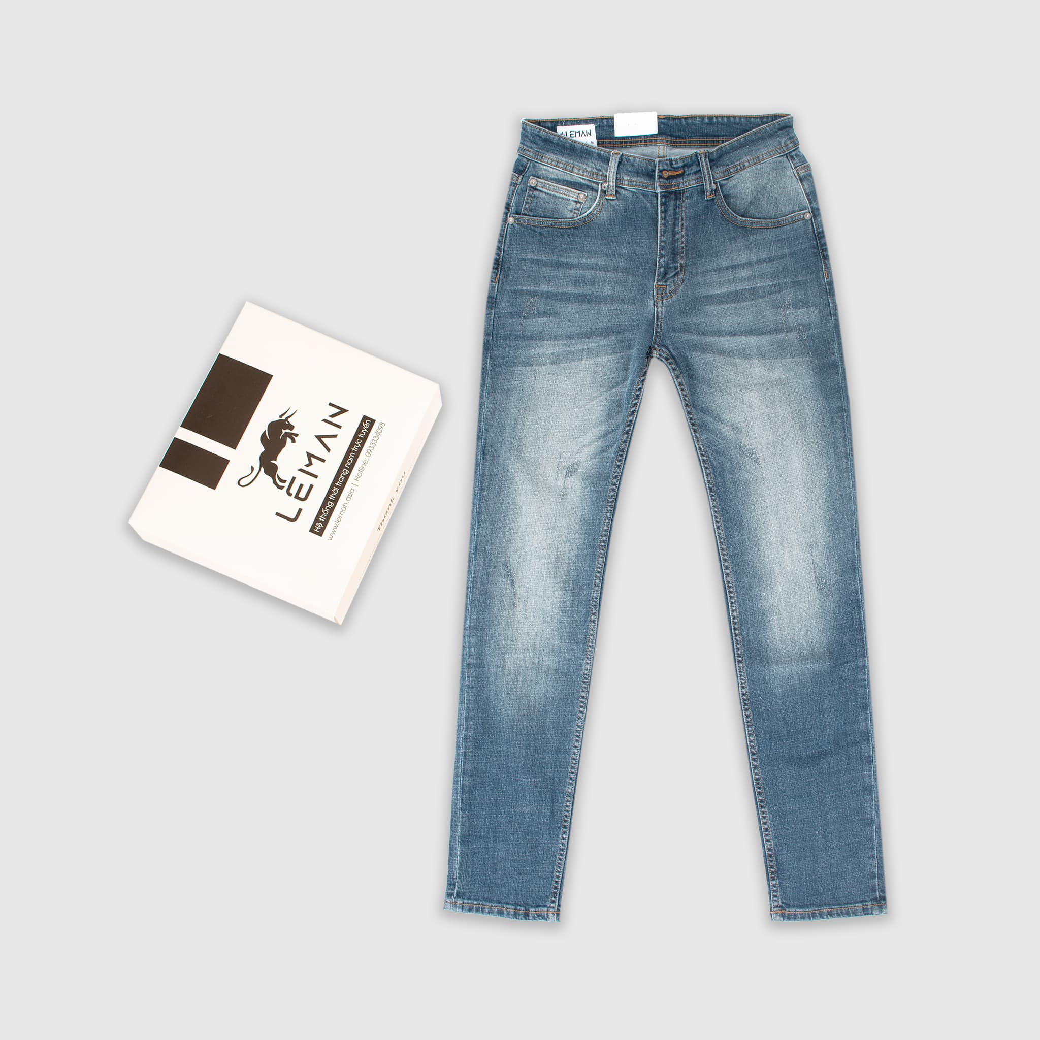 Quần Jean nam Leman xanh mài xước trơn JD15 Slim Form Tôn Dáng 31 Xanh Mài