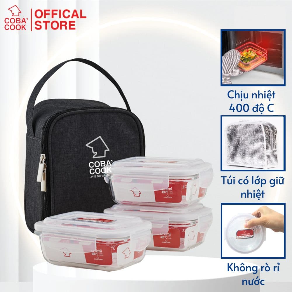 Bộ 3 hộp chữ nhật 370ml đựng cơm kèm túi hộp thủy tinh giữ nhiệt COBACOOK XẢ KHO