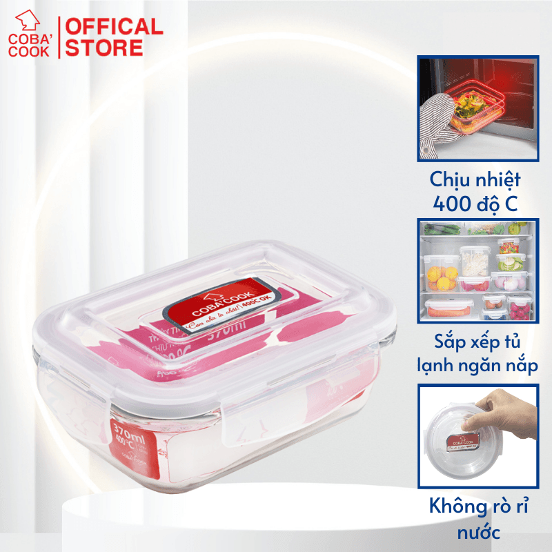 Hộp thủy tinh chịu nhiệt COBACOOK hình chữ nhật dung tích 370ml CBHL370