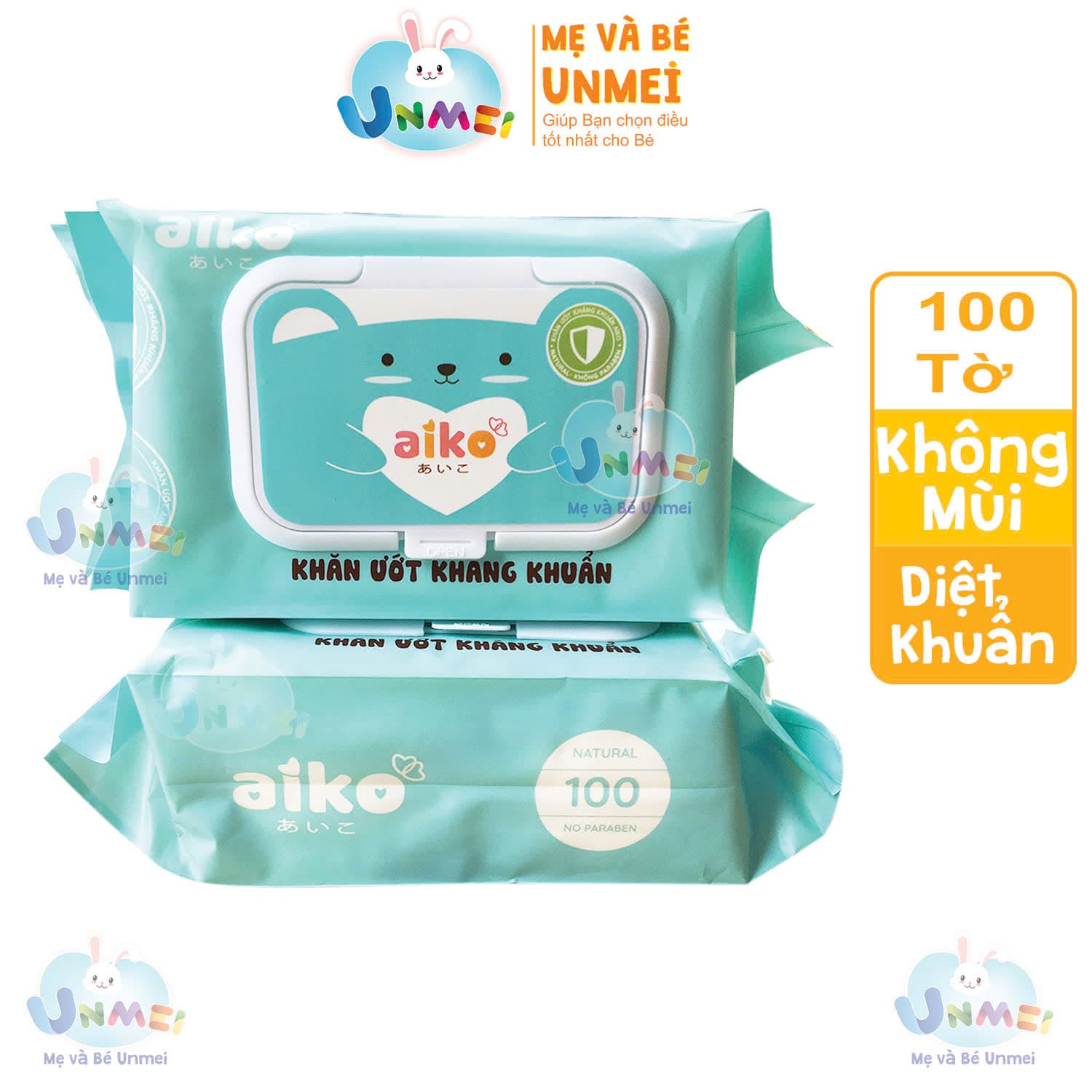Khăn Ướt Aiko Kháng Khuẩn màu Xanh 100 tờgói Không Hương 01 Gói