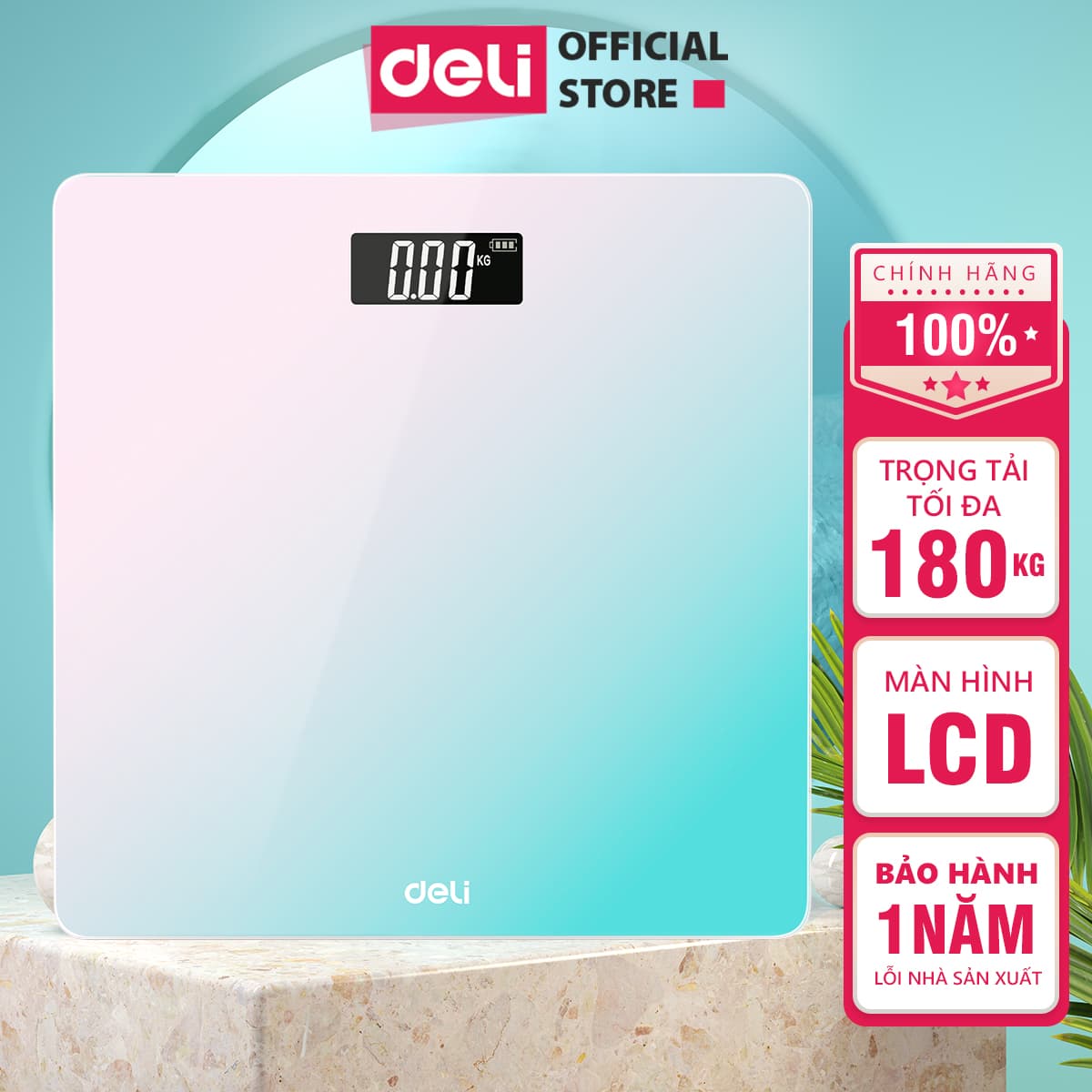 Cân Điện Tử Sức Khoẻ Thông Minh Mặt Vuông Kính Cường Lực Chịu Lực 180Kg Deli Phù Hợp Gia Đình Trường Học Theo Dõi Đo Lường Sức Khoẻ Nhiều Màu Sắc Kết quả chính xác E86120 Xanh ombre