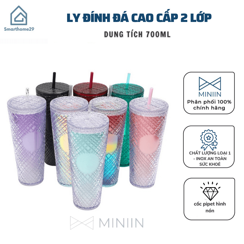 Ly Kim Cương 2 Lớp Cách Nhiệt Cao Cấp Ly Uống Nước Chất Liệu PP Cách Nhiệt 2 3h Tặng Kèm Ống Hút Túi Đựng MINIIN MÀU CON GÁI