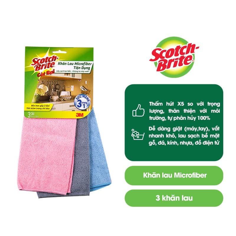 Combo 3 Khăn lau đa năng Scotch Brite 3M 30x30cm không gây trầy xước thấm hút nước gấp 5 lần không để lại bụi
