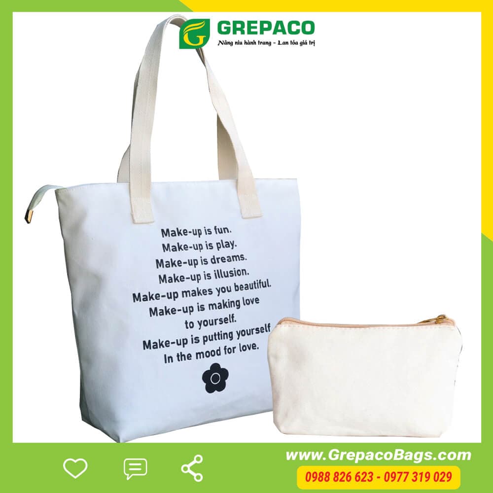 Túi Tote Nữ Grepaco Xách Vải Bố Canvas Cao Cấp In Chữ Đẹp Đeo Chéo Vai Có Khóa Kéo Nhiều Ngăn Dùng Đi Học Làm Công Sở Du Lịch Phong Cách Thời Trang Hàn Quốc Tặng Túi Đựng Mỹ Phẩm Trắng In Make up