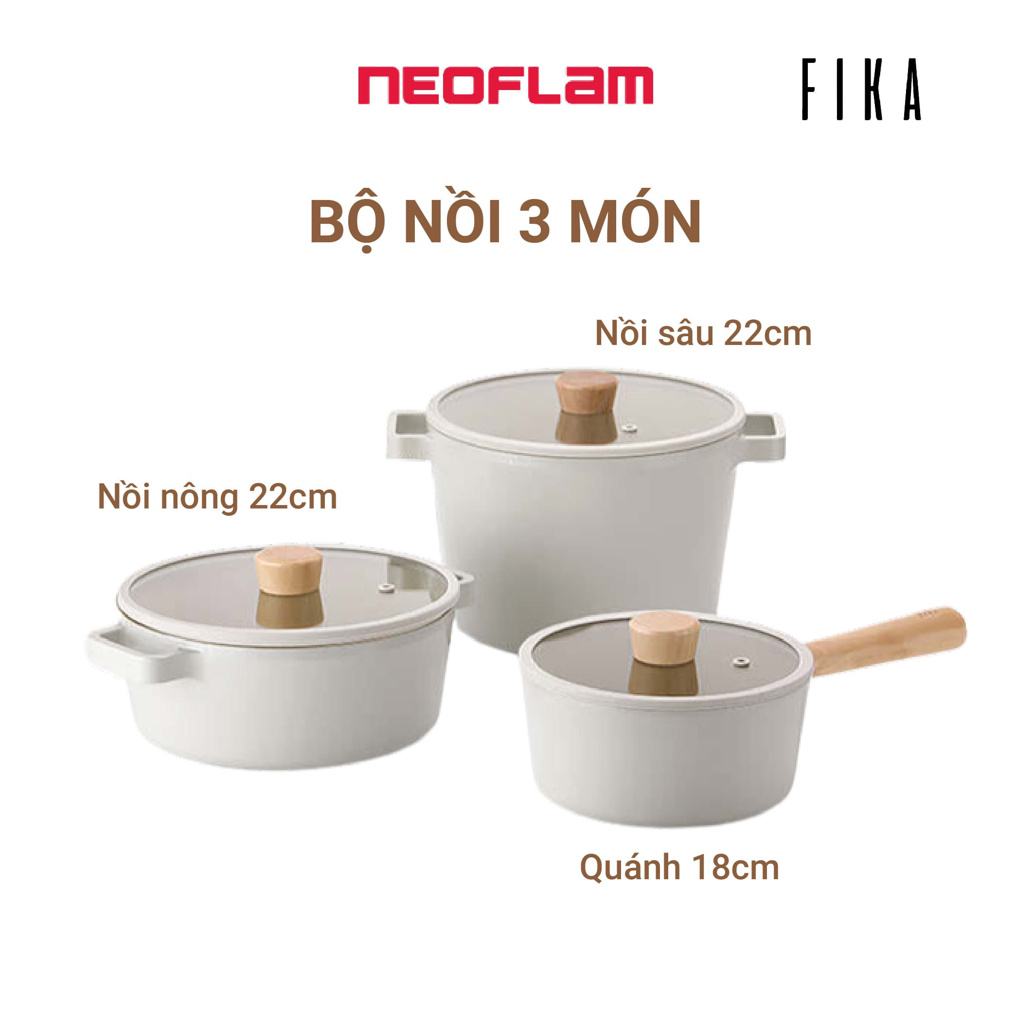 Bộ 3 nồi cao cấp chống dính bếp từ Neoflam Fika Hàn Quốc. Made in Korea. Hàng có sẵn giao ngay