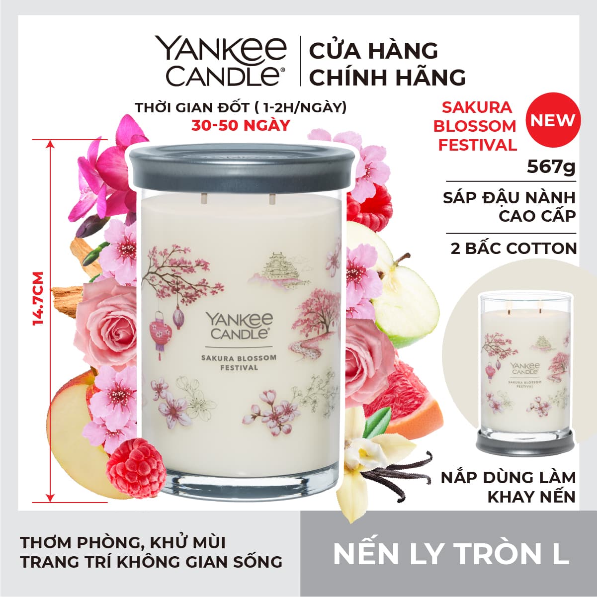 Nến ly tròn sáp đậu nành Yankee Candle size L 567g Sakura Blossom Festival