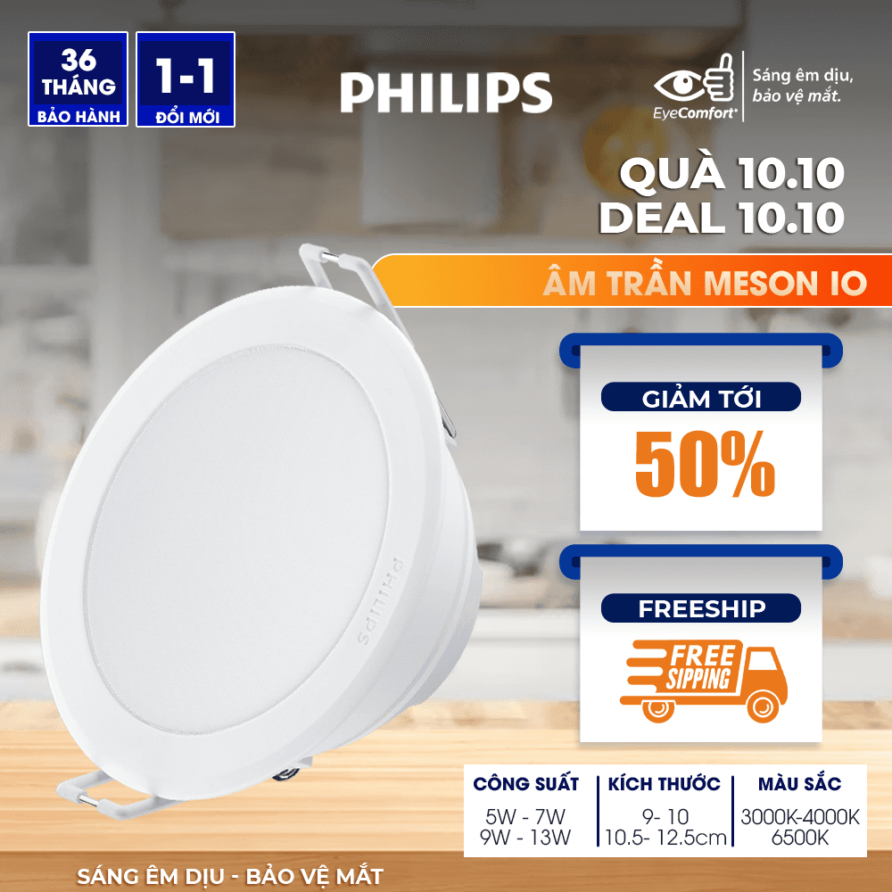 Bộ Đèn PHILIPS LED Âm Trần MESON IO Thế Hệ Mới 5W 7W 9W 13W 13W Ánh sáng Trung tính 4000K