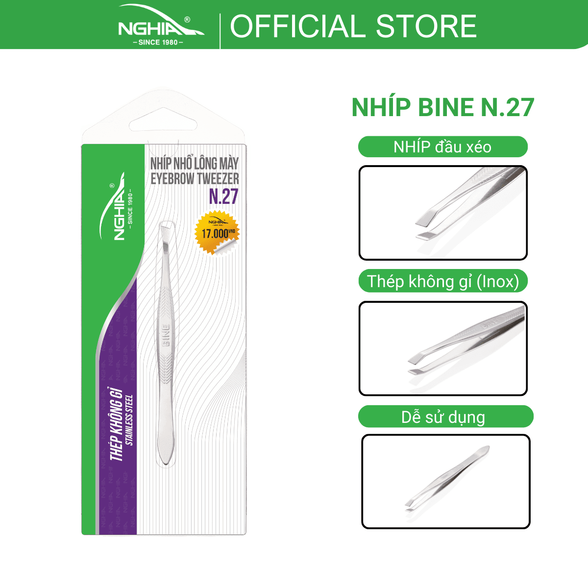 Nhíp Inox Đầu Xéo Vỉ Giấy N.27 Nhíp BINE KỀM NGHĨA