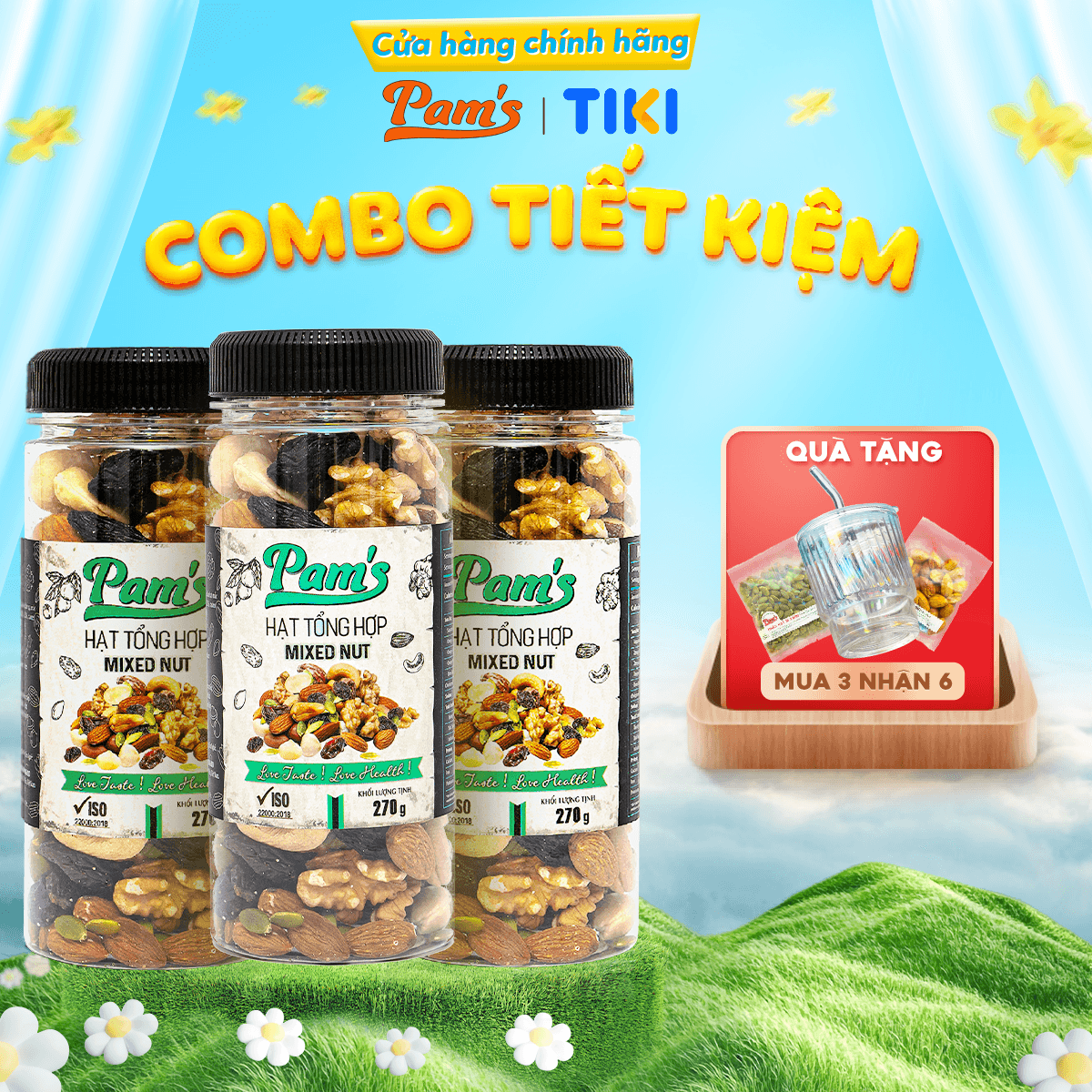 Combo 3 Hũ Ngũ Cốc Mix 6 LoạiMacca Hạnh Nhân Điều Nhân Óc Chó Hạt Bí Nho Úc Pams 270gx3 810g