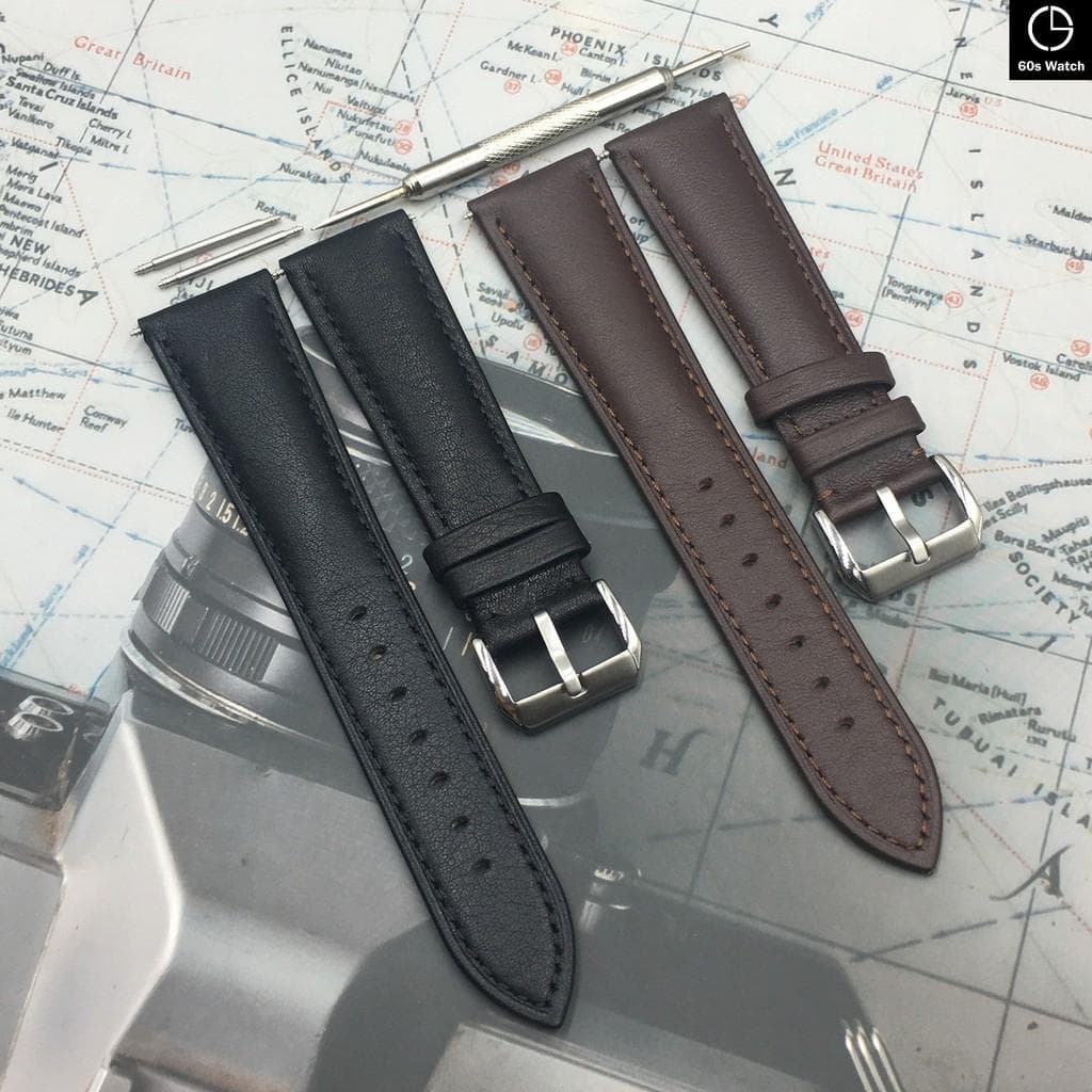 Dây Da Đồng Hồ Da Bò Italy Mềm Đen 20mm