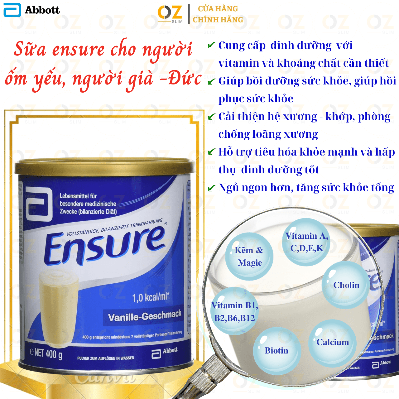 Sữa bột Ensure Vanille Geschmask Ensure Đức cho người lớn tuổi giúp hồi phục sức khỏe cho người gầy yếu suy dinh dưỡng 400grhộp 1 hộp 400g