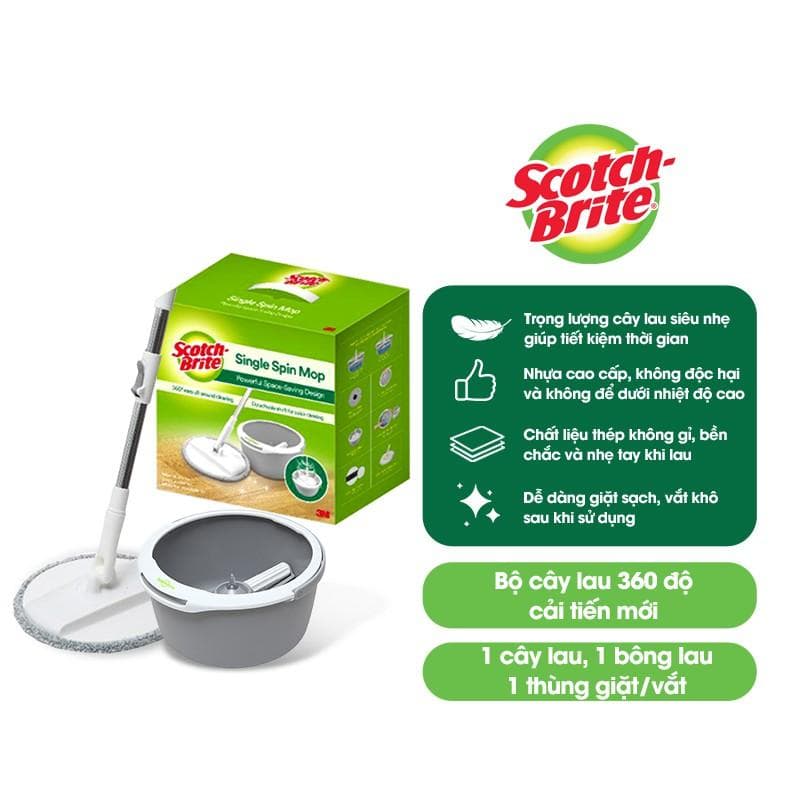 Bộ cây lau nhà 360 độ Scotch Brite 3M Thế hệ mới chất lượng cao cấp nhỏ gọn bông lau microfiber lấy sạch bụi bẩn