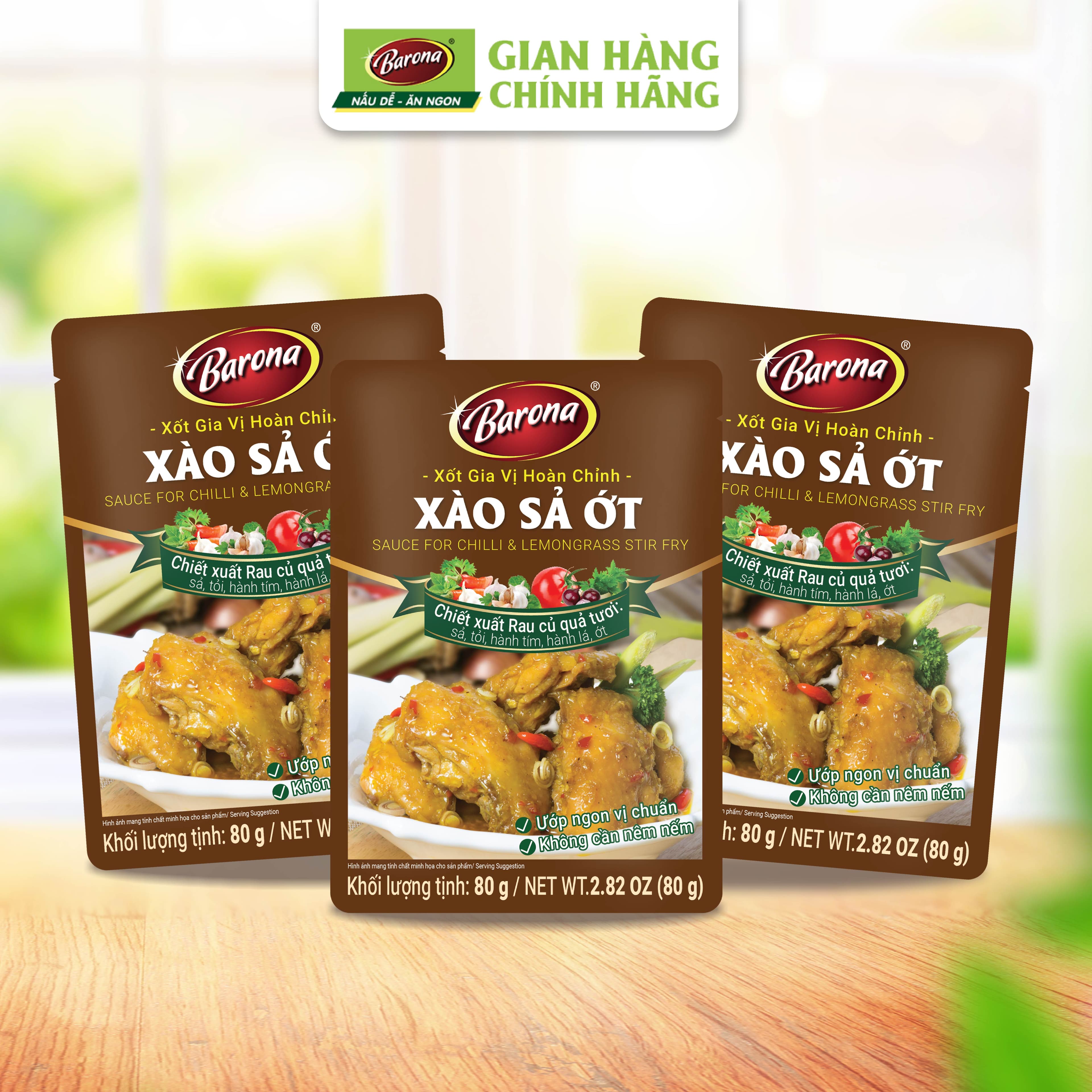 Combo 3 gói Xốt Gia vị hoàn chỉnh Barona Xào Sả Ớt 80gr
