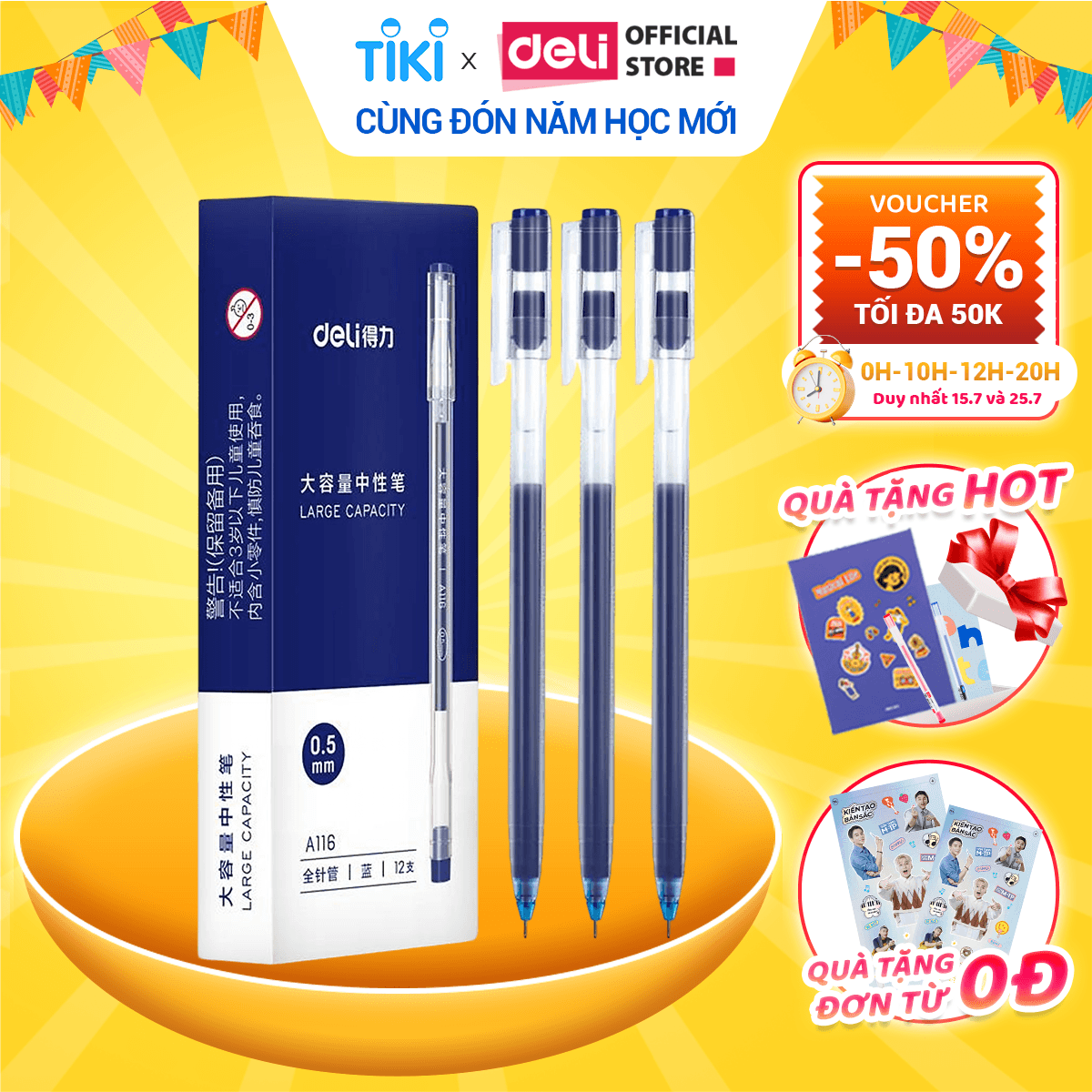 Bút gel 0.5mm Deli nhiều màu lựa chọn Bút bi nước 1 chiếc Mực đỏ Xanh Đen A116 Xanh