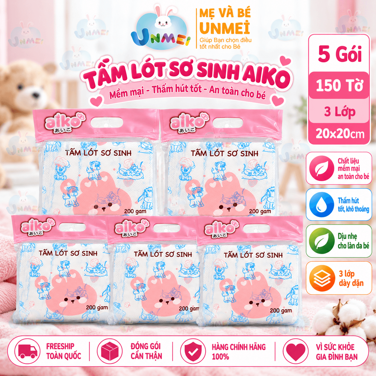 Combo 5 Bịch Tấm Lót Xu Sơ Sinh Aiko Bịch 30 Miếng