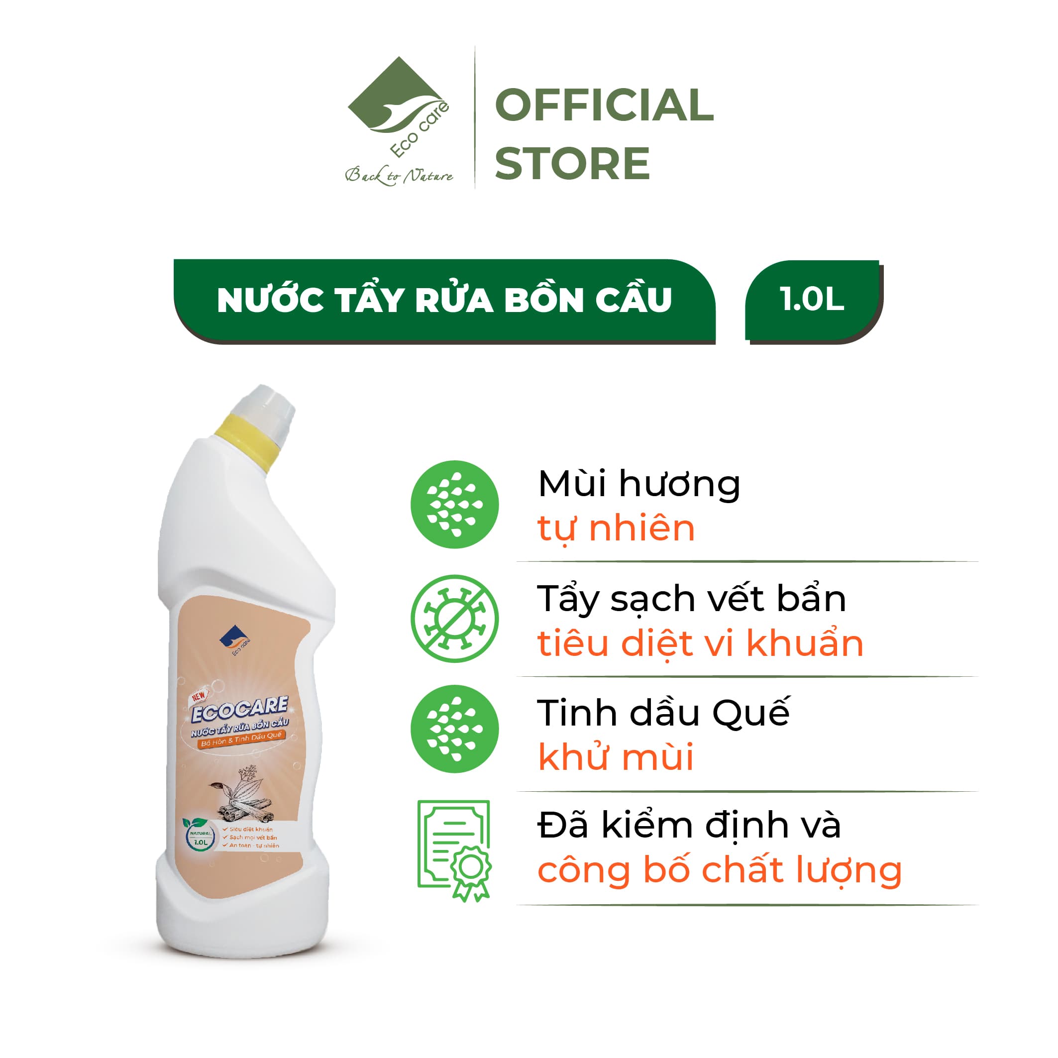 Nước tẩy rửa bồn cầu hữu cơ Ecocare 1L làm sạch diệt khuẩn khử mùi hiệu quả với tinh dầu Sả chanhQuế Tinh dầu quế