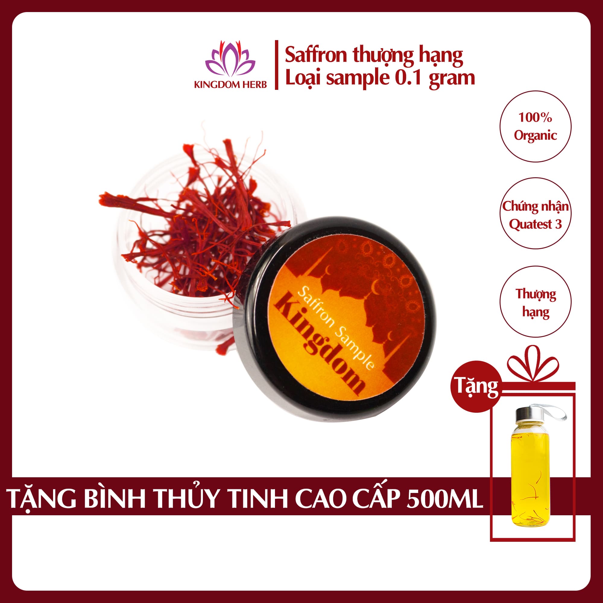 Saffron Kingdom Herb nhụy hoa nghệ tây Iran loại Super Negin thượng hạng mẫu thử hộp 0.1 gram Tặng bình nước thủy tinh cao cấp 500 ml