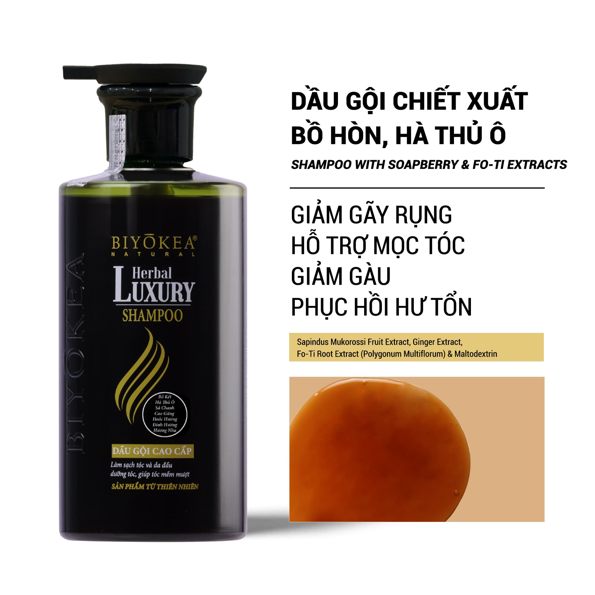 Dầu gội bồ kết thảo dược thiên nhiên kích thích mọc tóc dưỡng tóc phục hồi tóc hư tổn Herbal Luxury Biyokea 320ml