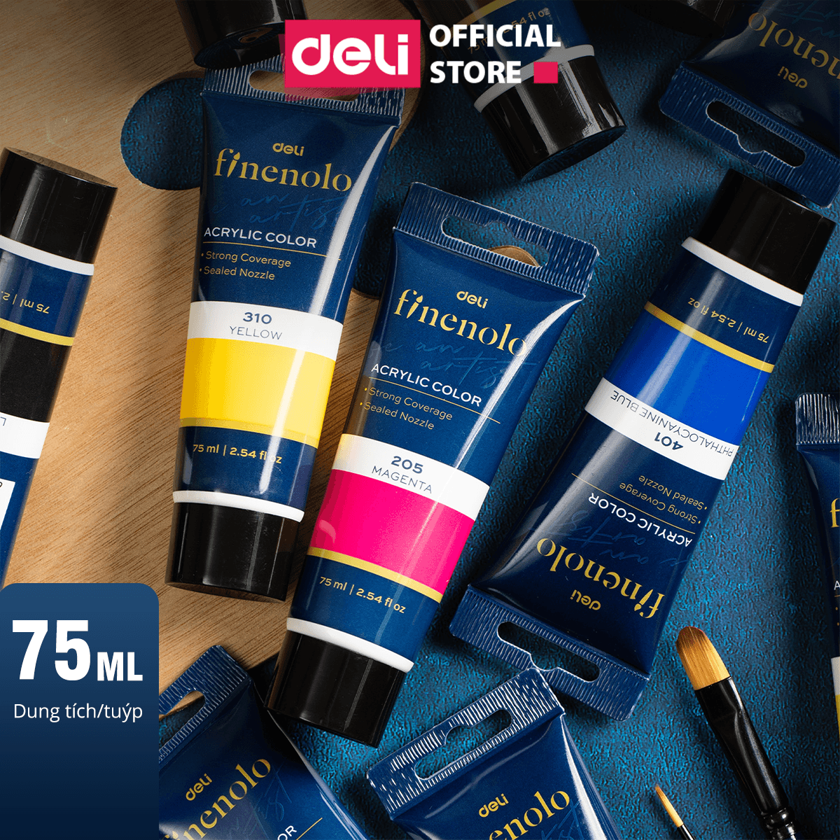 Màu Acrylic Tuýp 75ml Đủ Màu Finenolo Cao Cấp Deli Tô Đất Sét Đất Nặn Tự Khô Vẽ Túi Vải Tote Quần Áo DIY Giày Tranh Tường Đa Chất Liệu Tươi Sáng Nhanh Khô EC75 Xanh nước biển