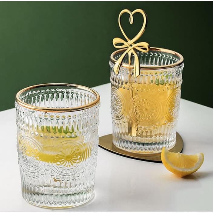 BỘ 6 CỐC THỦY TINH UỐNG NƯỚC VIỀN VÀNG HOA VĂN TRÒN NỔI ANTH481 280ML