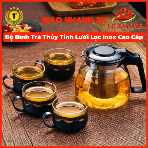 Bộ Bình Trà Thủy Tinh Kèm 4 Ly Lưới Lọc Inox 304 Không Gỉ Tiện Lợi