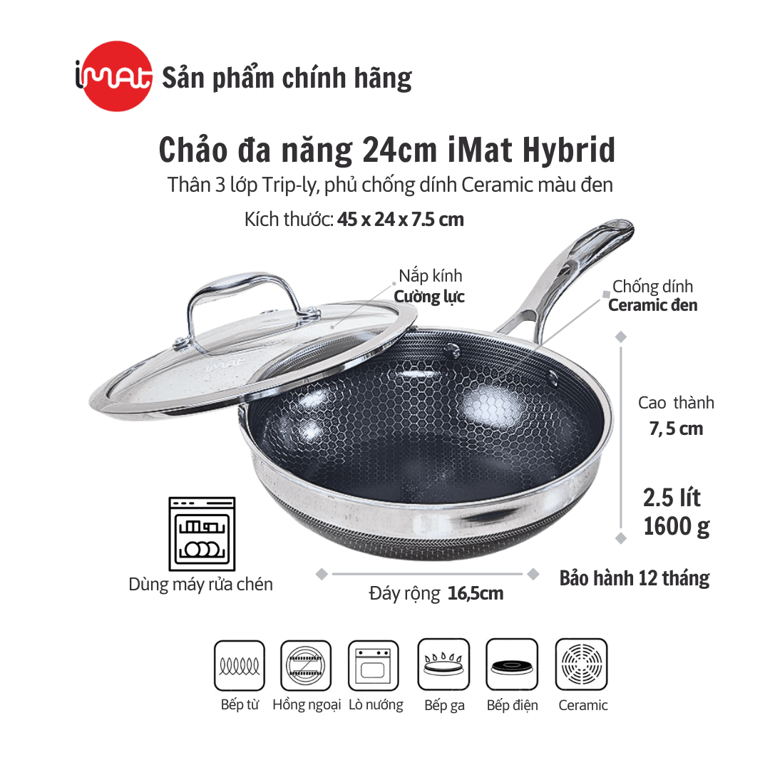 Chảo xào đa năng sâu lòng inox iMat Hybrid Blackcube 24cm Phủ chống dính Daikin Nhật Bản thế hệ mới