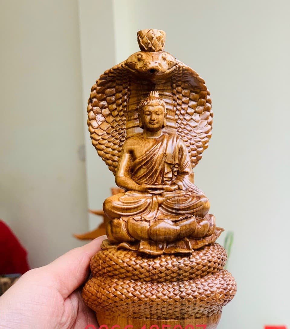 Tượng thần rắn che trở đức phật bằng gỗ bách xanh thơm nức kt 201110cm