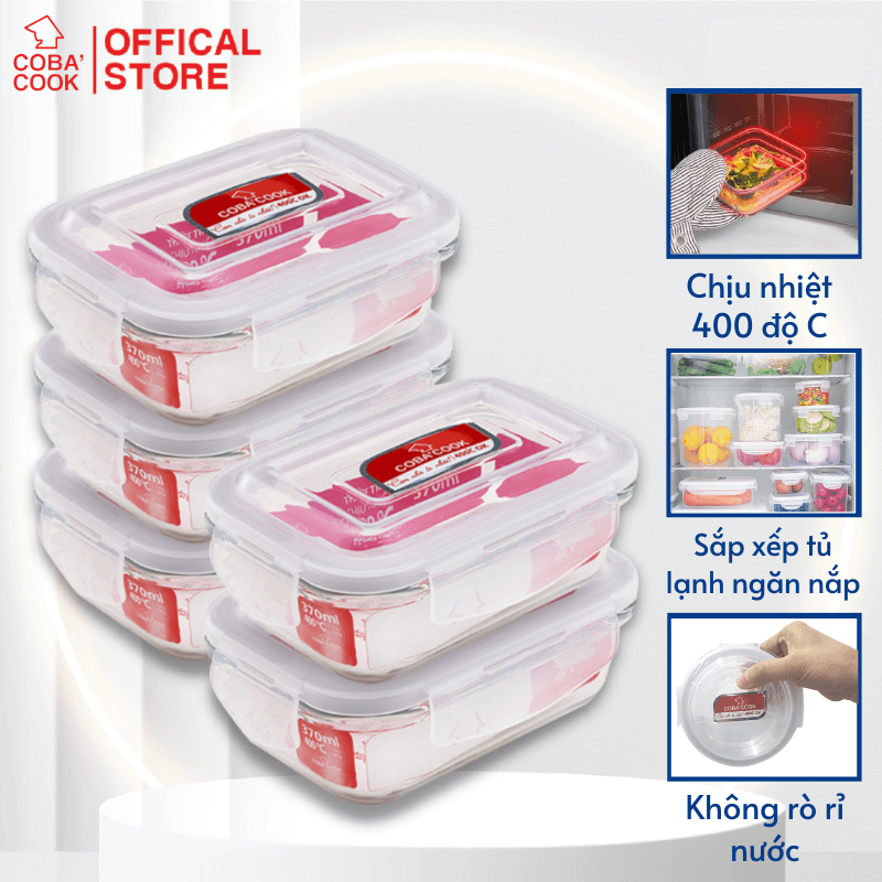 Bộ 5 hộp thủy tinh chịu nhiệt đựng cơm trữ thức ăn COBACOOK hộp chữ nhật 370ml CCL35