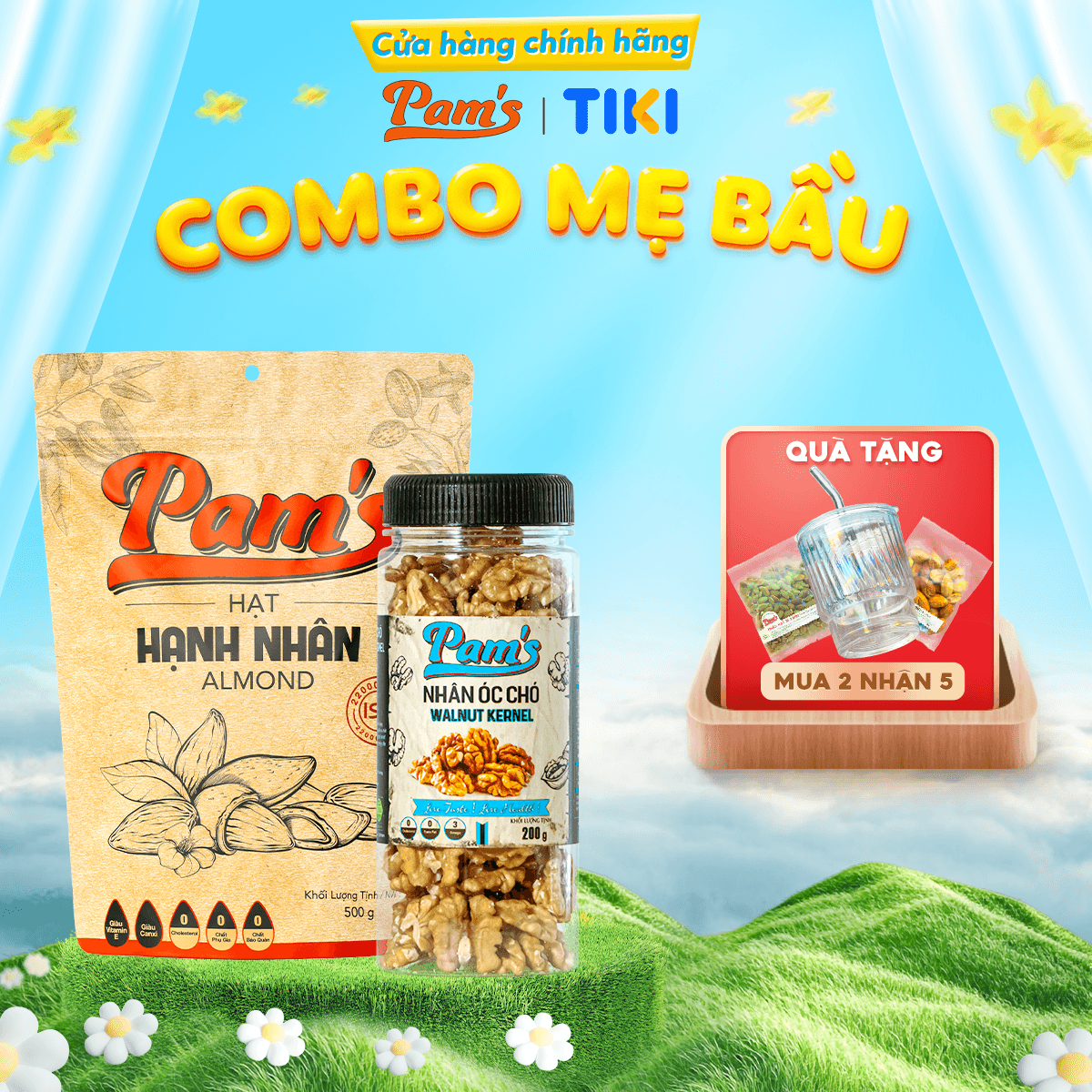 Combo Mẹ Bầu Hạnh Nhân Mỹ Nhân Óc Chó Chile Pams Rang Chín Béo Bùi Ngọt Ngào 700g
