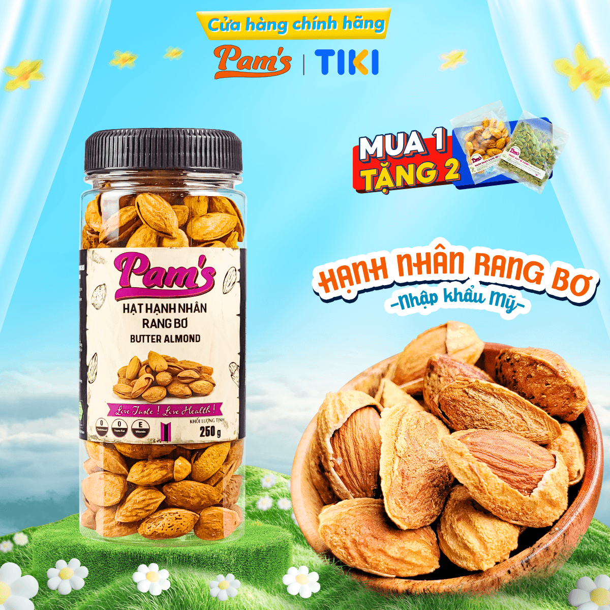 Hạnh Nhân Rang Bơ Pams Nhập Khẩu Mỹ Vỏ Mỏng Chất Lượng Không Cholesterol Dùng Ăn Kiêng 250g
