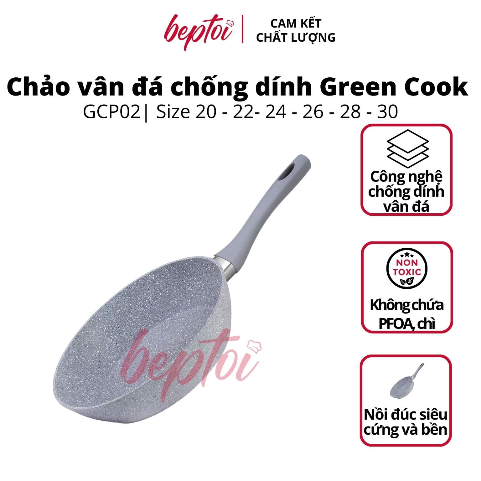 Chảo chống dính đáy từ vân đá Green cook chảo chống dính bếp từ Green Cook GCP02 Size 24