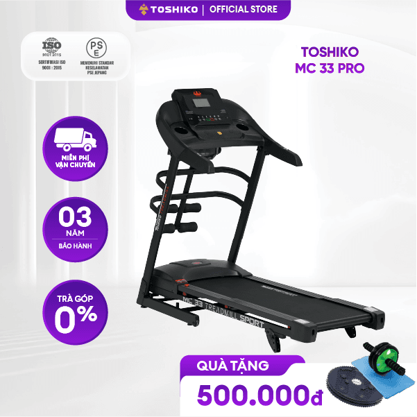 Còn hàng Máy chạy bộ đa năng tại nhà Toshiko MC33 PRO chức năng nâng dốc tự động theo nhu cầu kèm theo đai massage và thanh gập bụng đồng hồ hiển thị thông số nhịp tim calo tiêu thụ