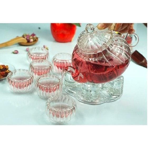 Bộ ấm chén pha trà thủy tinh dáng bí 600ml kèm đế châm nến Sét 2