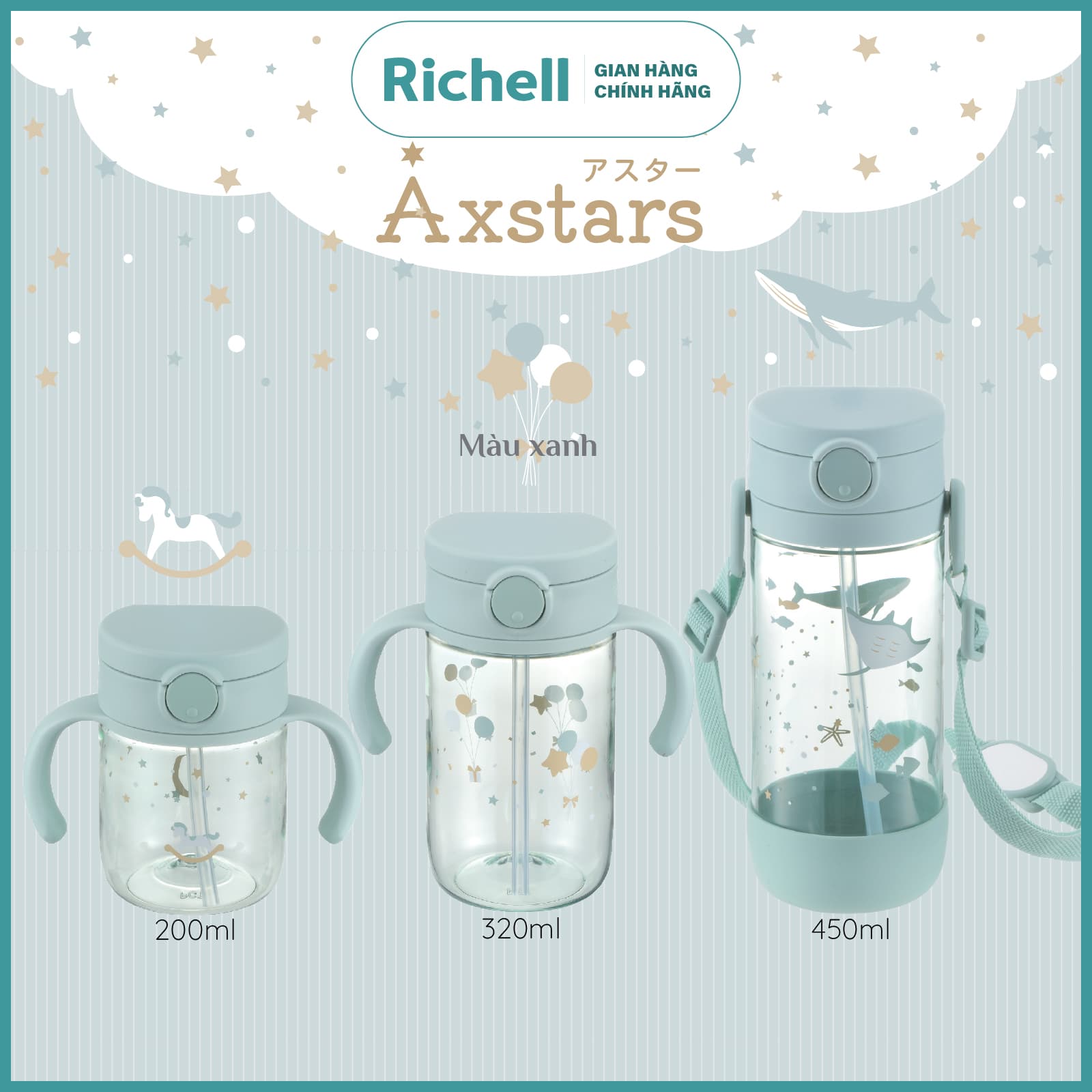 Bình ống hút AXSTARS Richell Nhật Bản 200ml chống sặc cho bé từ 6 tháng Baby Xanh 200ml
