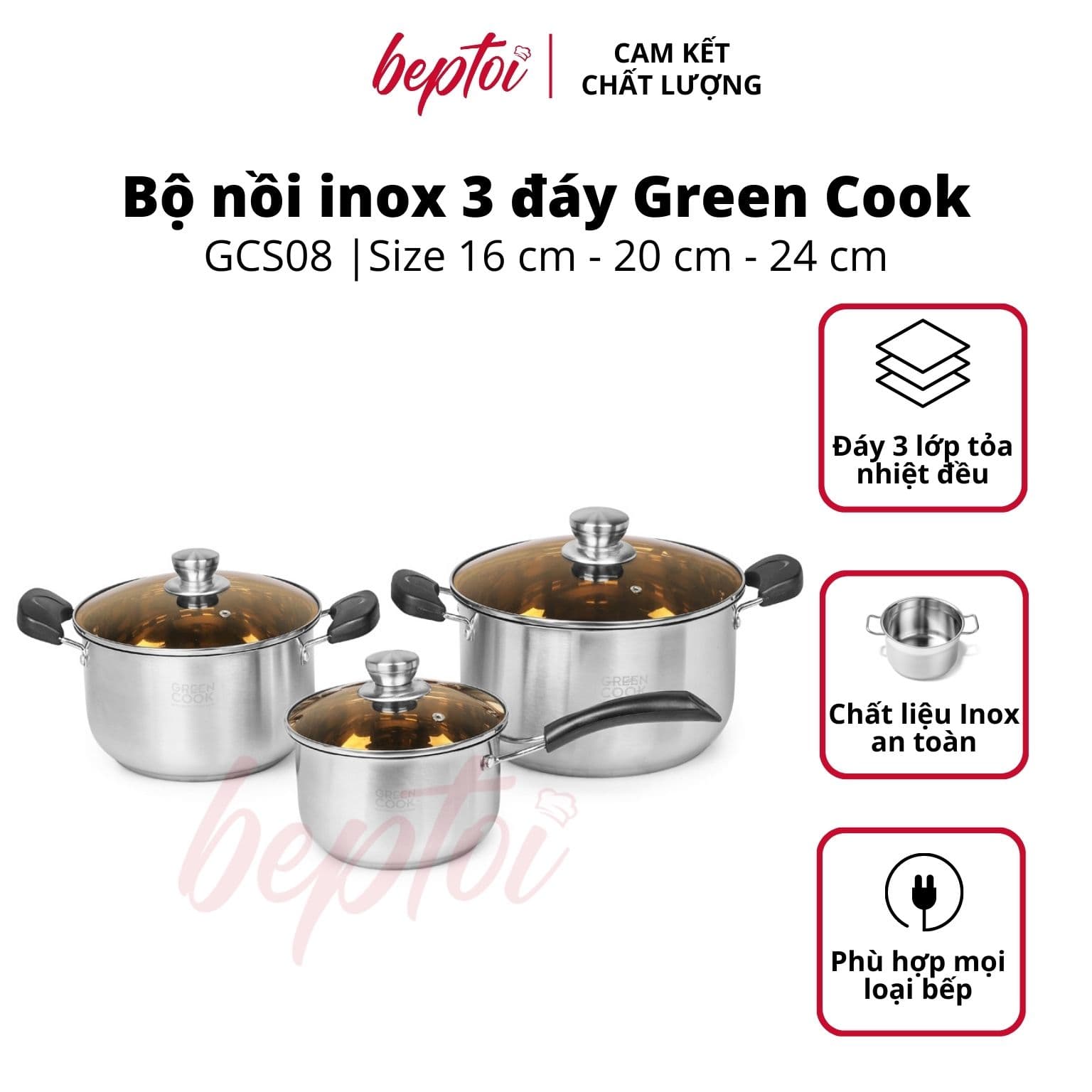 Bộ nồi inox cao cấp 3 đáy nồi chống dính bếp từ Green Cook GCS08 T1 Combo 3 nồi 16 20 24