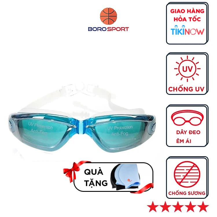 Kính Bơi Tráng Gương kèm bịt tại cao cấp Cleaco chống sương mù chống tia UV Tặng kèm nón bơi Silicon Màu ngẫu nhiên Xanh