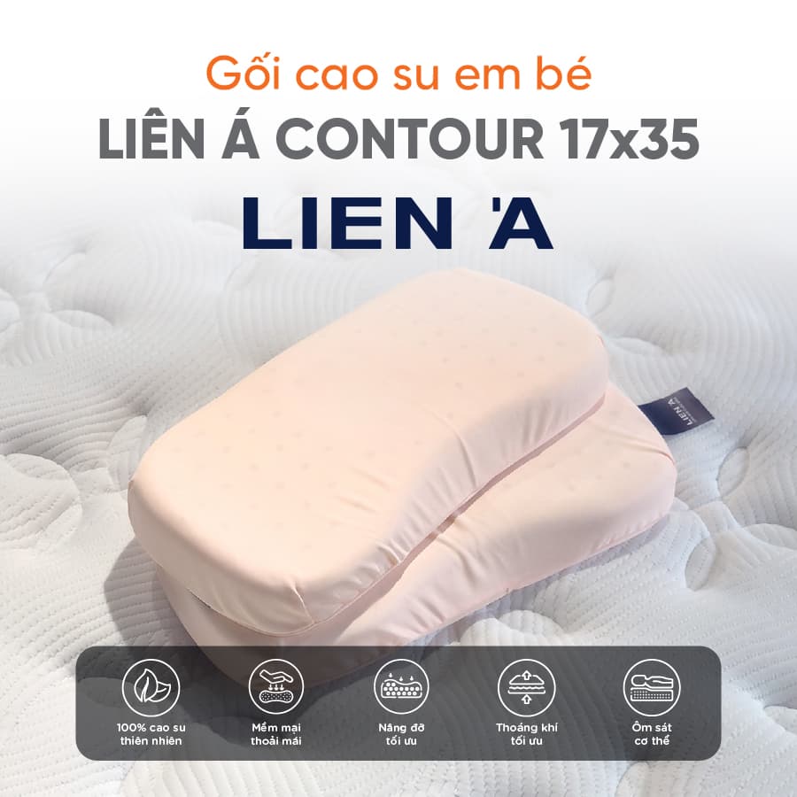 Gối nằm cao su thiên nhiên em bé Liên Á Oval Tặng Kèm áo gối cùng kích thước . Contour 17x35x02cm