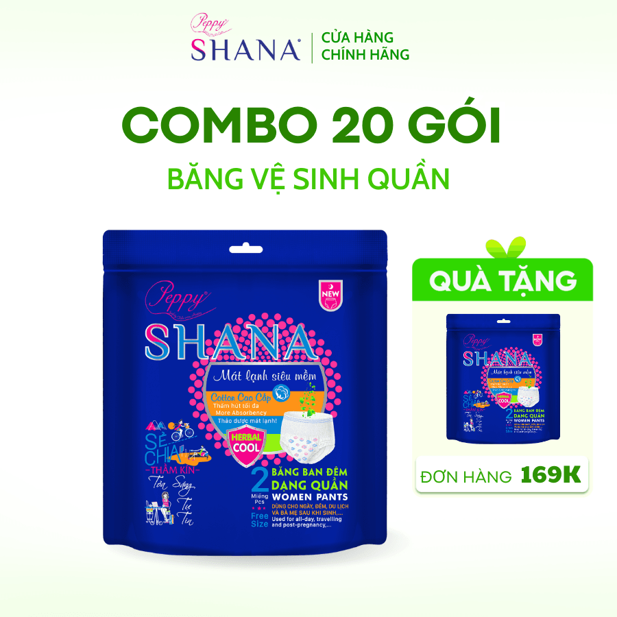 Combo 20 gói Băng Vệ Sinh Quần Peppy Shana Ngày Đêm Siêu Thấm Freesize Chống Tràn Tối Đa Tiết Kiệm 40 miếng