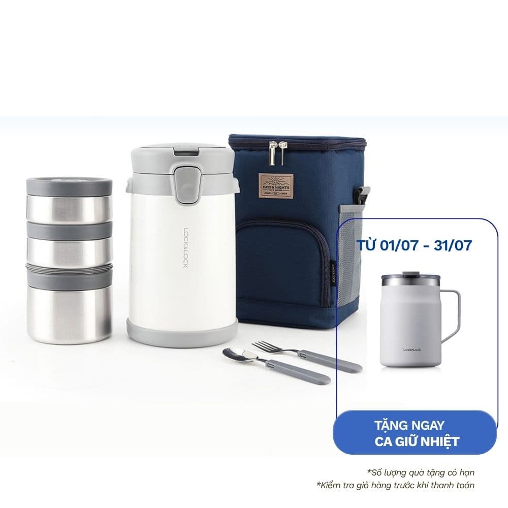 Bộ Hộp Cơm Giữ Nhiệt Lock&Lock Easy Carry 2L LHC8039WHT Có Túi 1 Hộp 720ml 2 Hộp 420ml Kèm 1 Bộ Muỗng Và Nĩa Màu Trắng